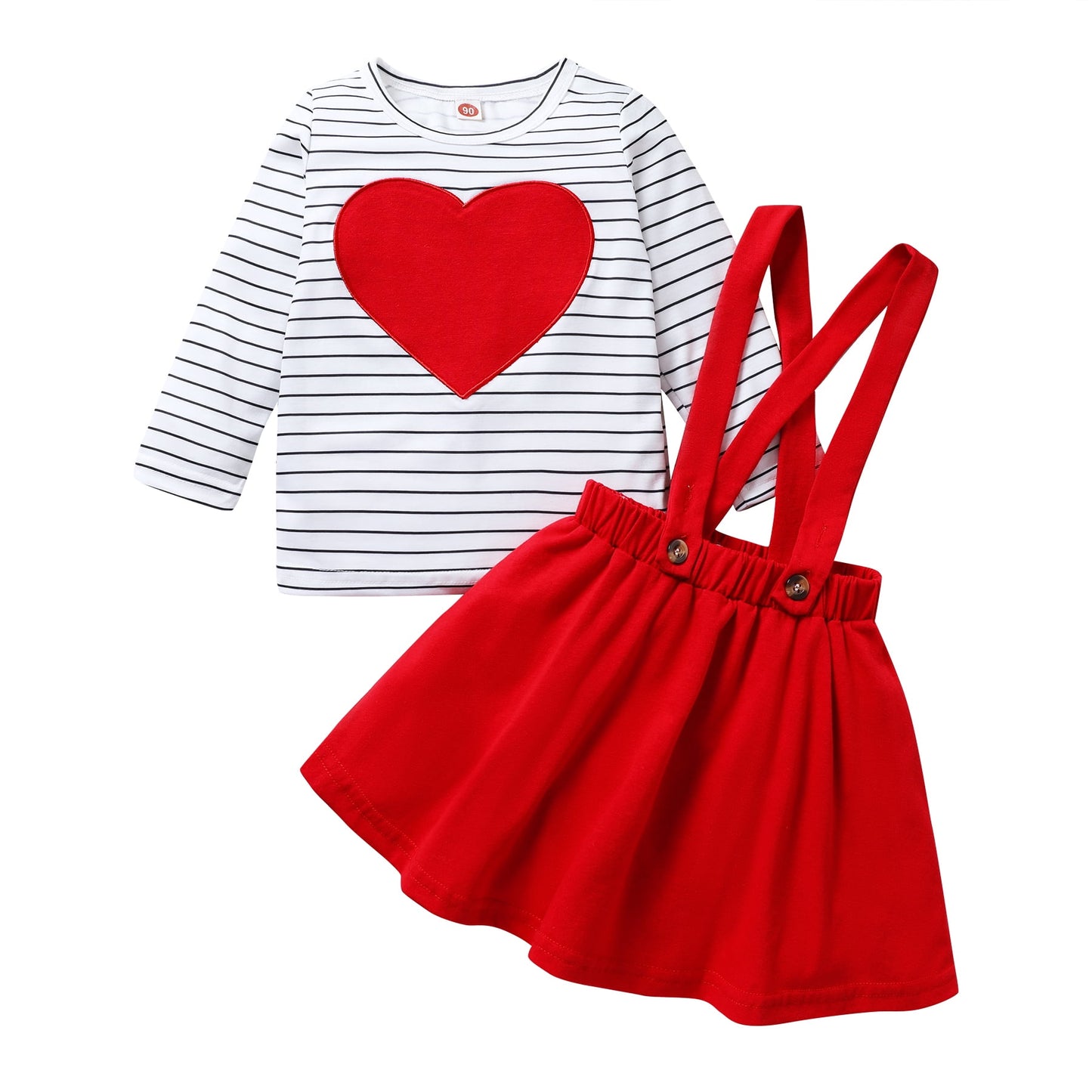 Younger Tree Toddler Baby Girl Valentine's Day Clothes Outfit Long Sleeve Dot Heart Shirt Top Suspender Strap Red Skirts Set