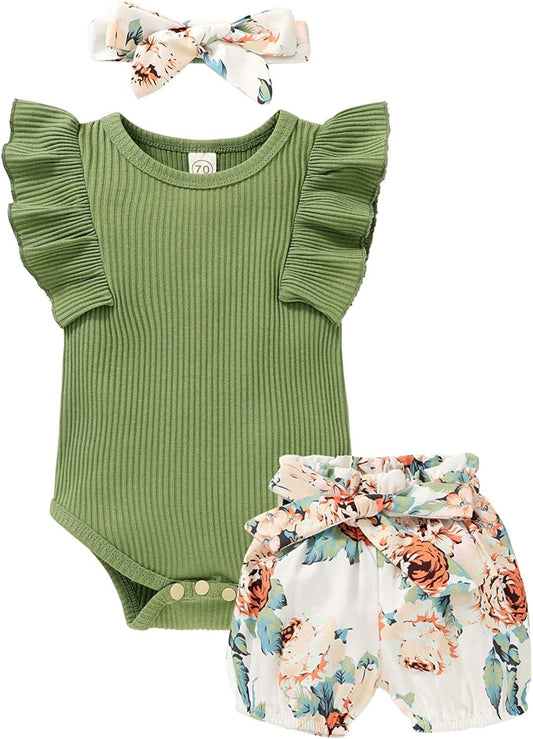 Younger Tree Toddler Baby Girl Summer Short Sleeve Romper Shorts Headband Clothes Outfits Set