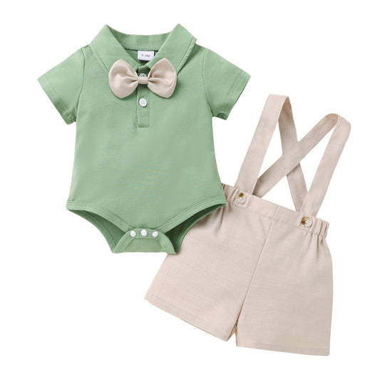 Younger Tree Toddler Boy Formal Outfit Summer Short Sleeve Button T-Shirts Bowtie Suspender Shorts Suits Clothes Set
