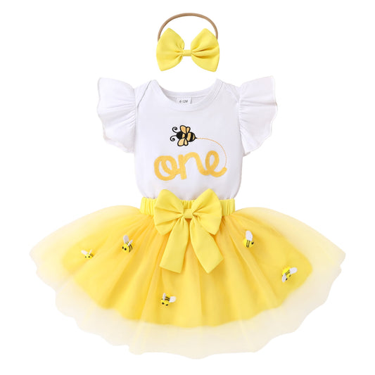 Younger Tree 1st Birthday Girl Outfit Baby Bee Short Sleeve Romper Top Tutu Princess Skirt Clothes Set