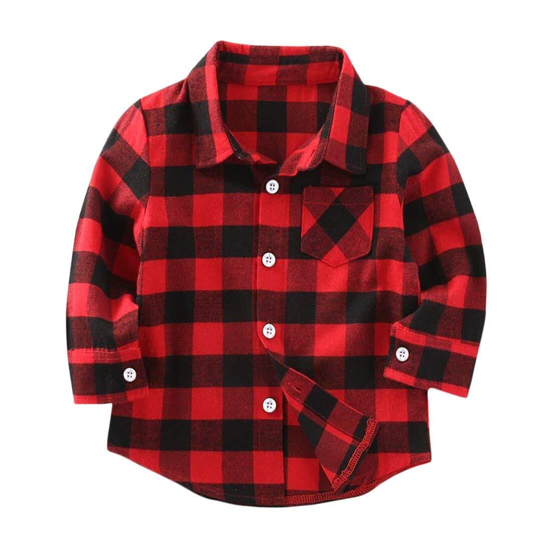 Tiny Cutey Toddler Baby Boy Christmas Red Long Sleeve Button Down Plaid Flannel Shirt,12-18 Months