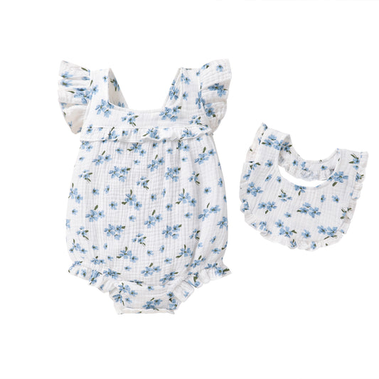 Happy Town Baby Girl Summer Clothes Infant Sleeveless Cotton Romper with Soft Bib Toddler Ruffled Jumpsuit Bodysuit