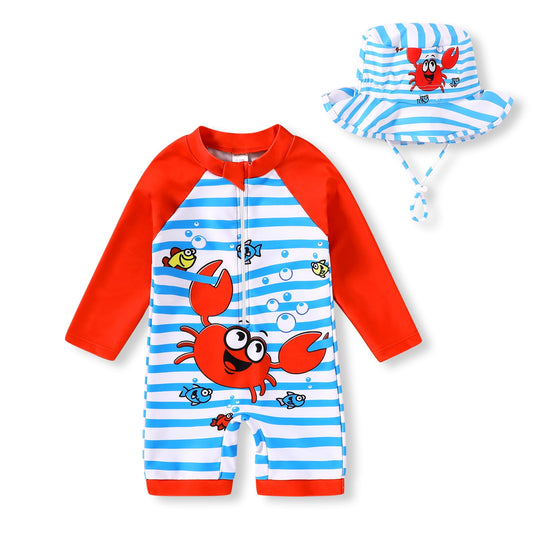 Younger Tree Baby Boys Swimsuit Toddler Long Sleeve Rash Guard Swimwear One Piece Zipper Bathing Suit with Hat