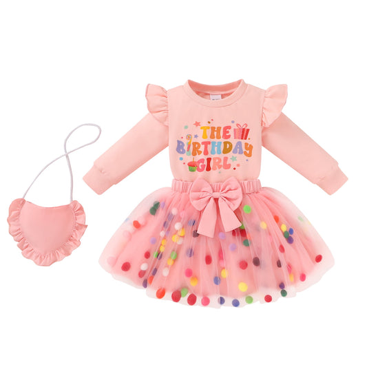 Younger Tree Girl Birthday Outfit Baby Fall Winter Long Sleeve Sweatshirt Bowknot Tutu Princess Party Dress Set with Bag