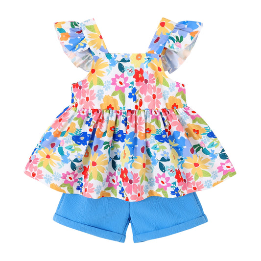 Younger Tree Baby Girl Clothes Outfits Summer Sleeveless Ruffle Bowknot Dress Top Shorts Set 2PCS