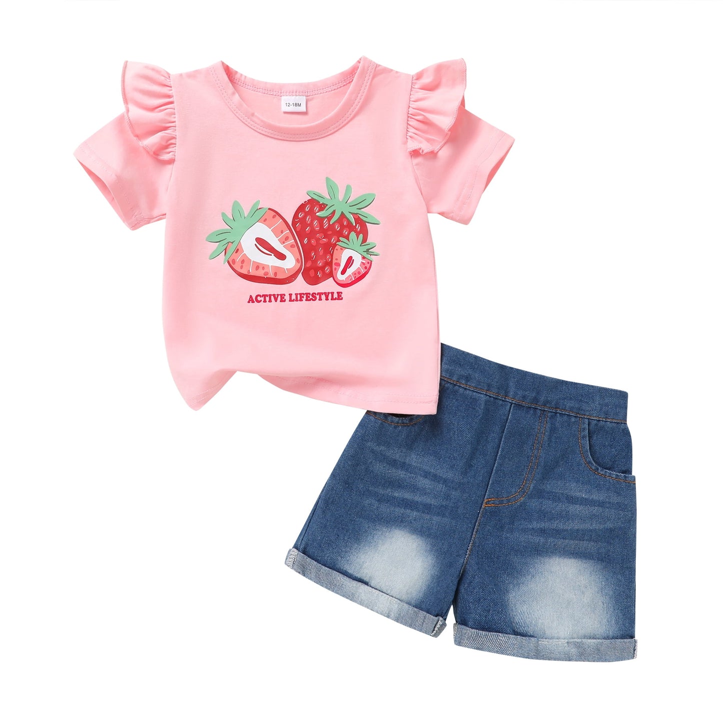 Younger Tree Baby Girl Shorts Outfit Kid Summer Print T-Shirt Denim Shorts Clothes Set