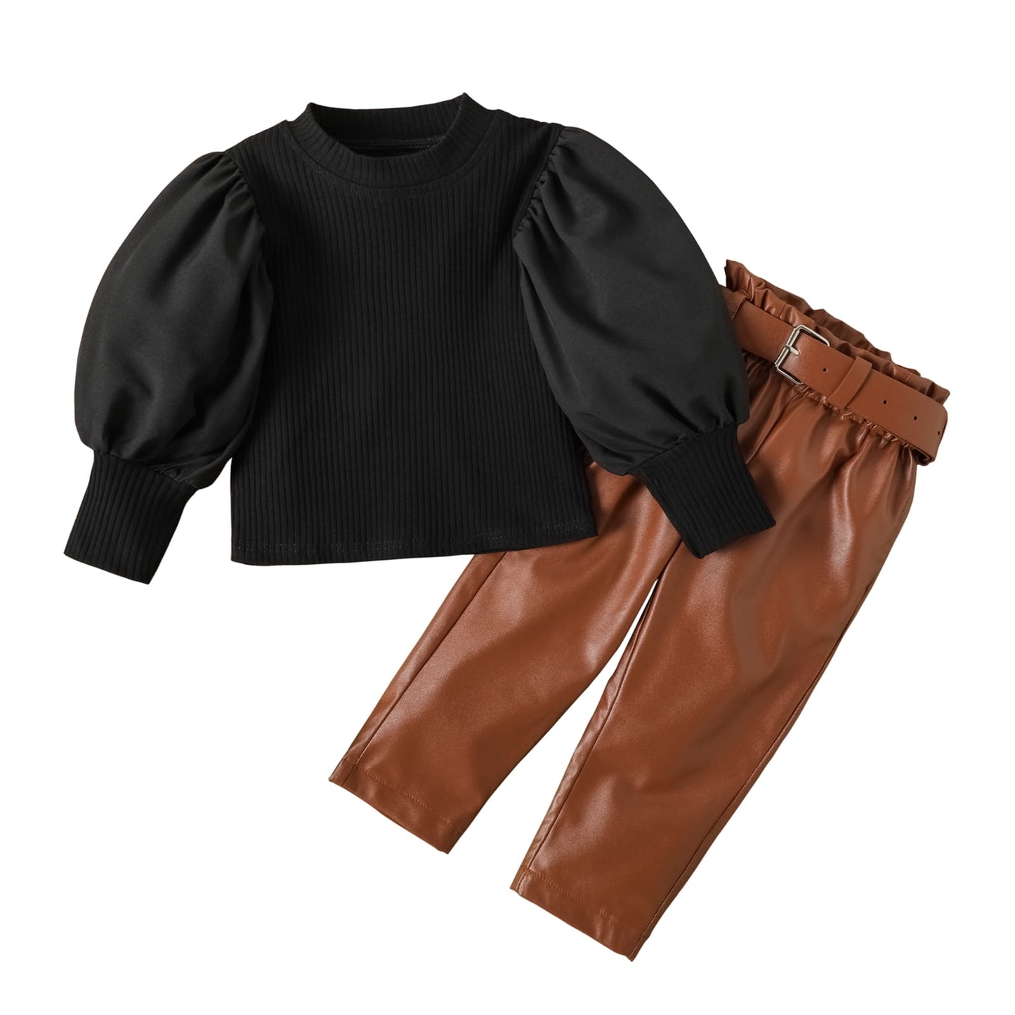 Younger Tree Baby Girls Fashion Clothes Outfits Kid Puff Sleeve Knitted Top Leather Pants Fall Winter Set