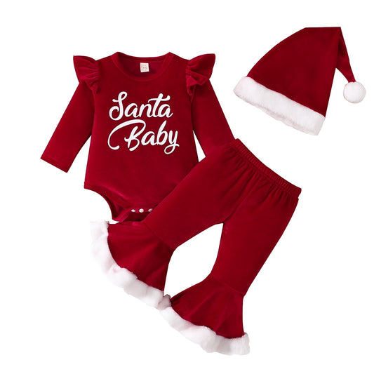 Younger Tree Newborn Baby Girl Christmas Outfits Toddler Santa Long Sleeve Romper Pants Hat Clothes Set