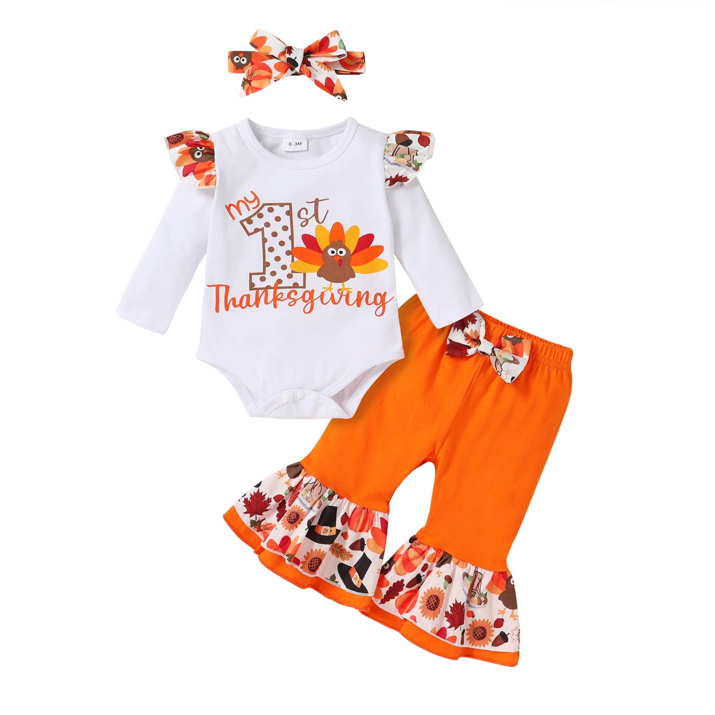 Younger Tree Thanksgiving Baby Girl Outfit My 1st Thanksgiving Romper Turkey Flared Pants+Headband 3Pcs Clothes Set