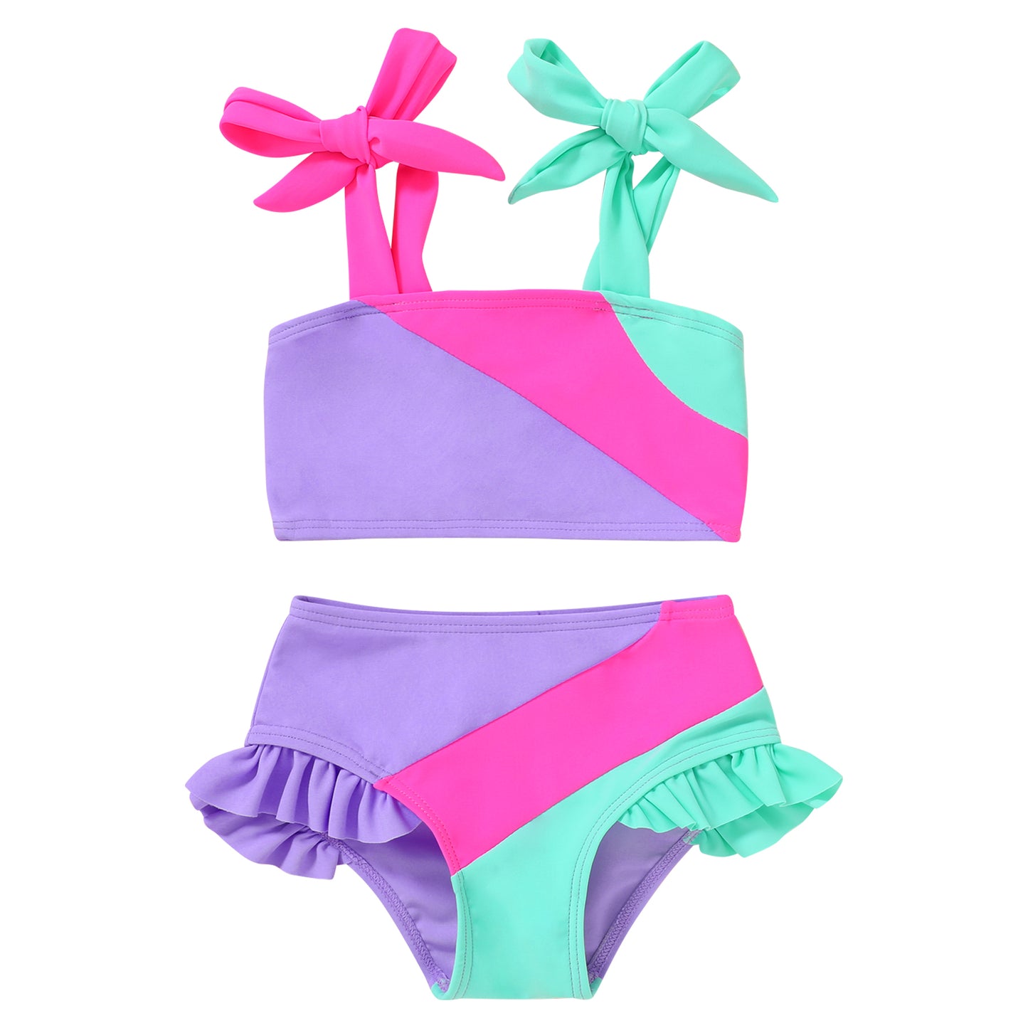 Happy Town Toddler Girls Two Pieces Swimsuit Color Block Beach Bathing Suit 18M-5T