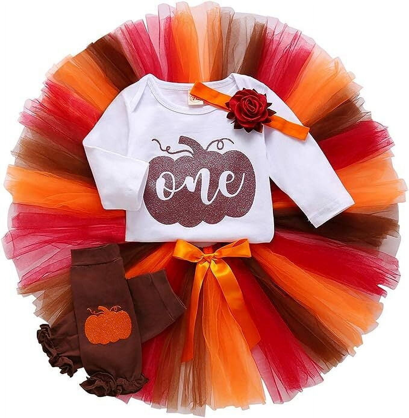 Happy Town Baby Girl Thanksgiving Outfits Pumpkin Long Sleeve Romper Tulle Tutu Skirt Headband Fall Halloween Set