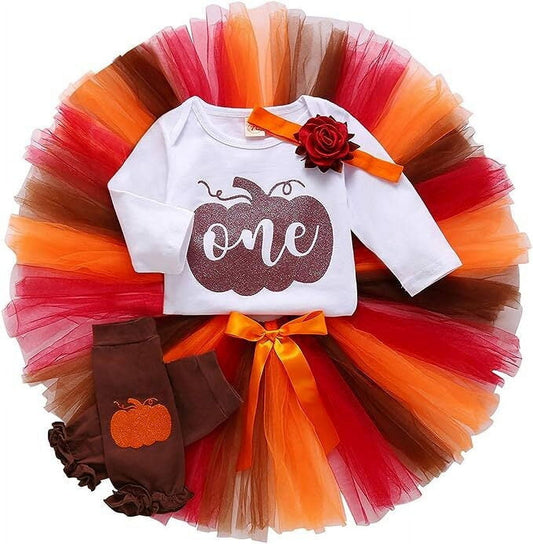 Happy Town Baby Girl Thanksgiving Outfits Pumpkin Long Sleeve Romper Tulle Tutu Skirt Headband Fall Halloween Set