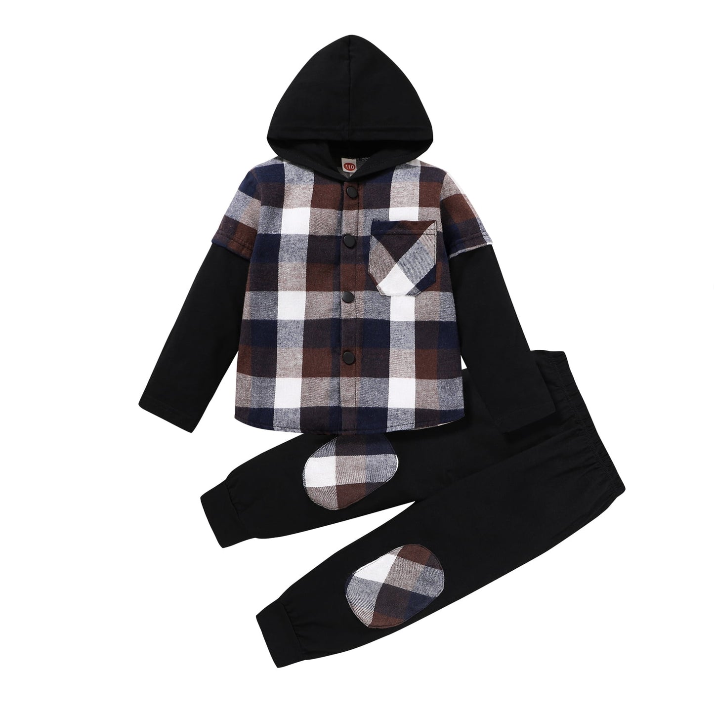 Younger Tree Toddler Baby Boy Clothes Hoodie Sweatsuit Outfits Kids Winter Flannel Plaid Shirt Top Pants Set