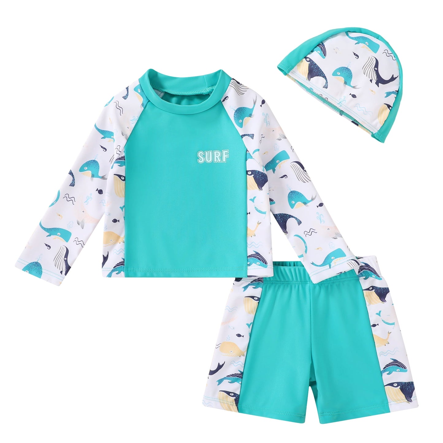 Tiny Cutey Toddler Boys Swimsuit Baby Long Sleeve Top Shorts Trunks Bathing Suit Set Swimwear Outfit with Hat