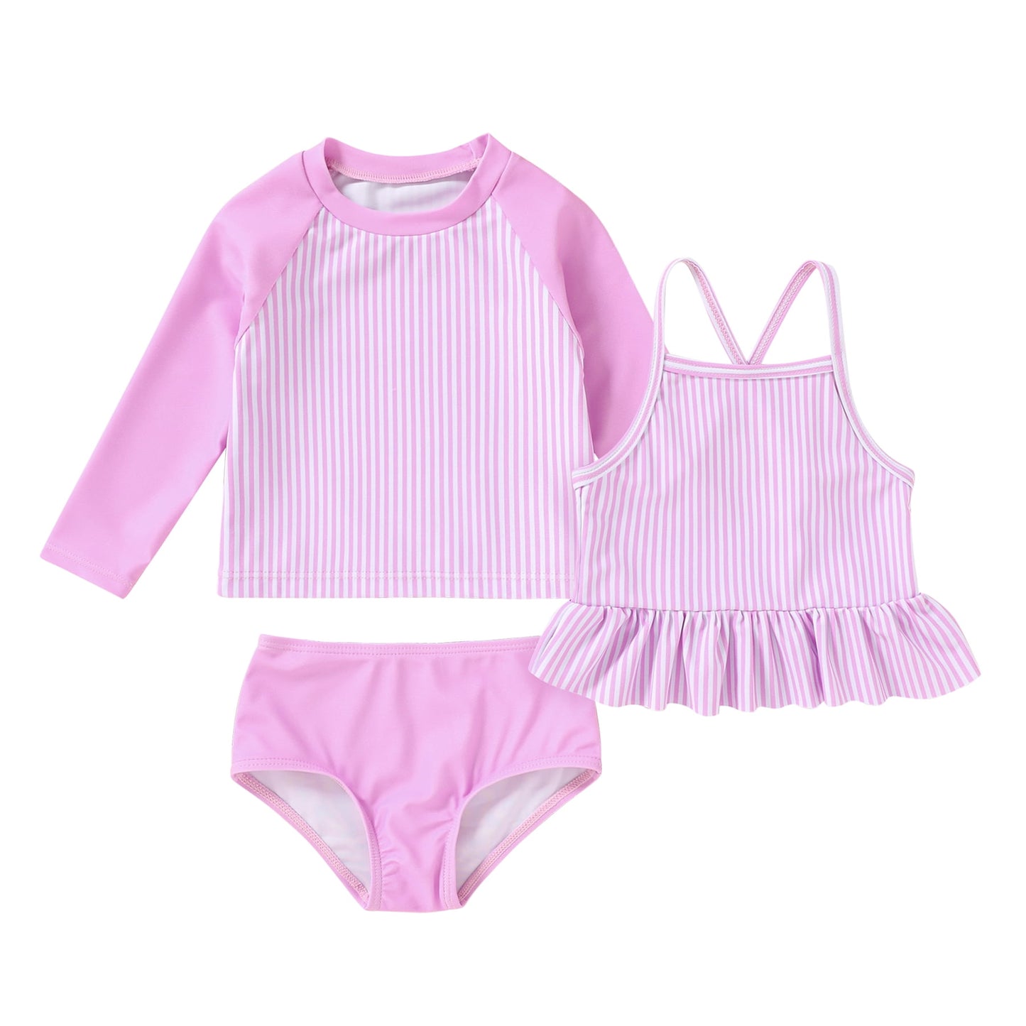 Younger Tree Girl 3-Piece Rashguard Swimsuit Set Baby Cute Long Sleeve Top Sling Vest Bikini Swim Suits9-12 Months