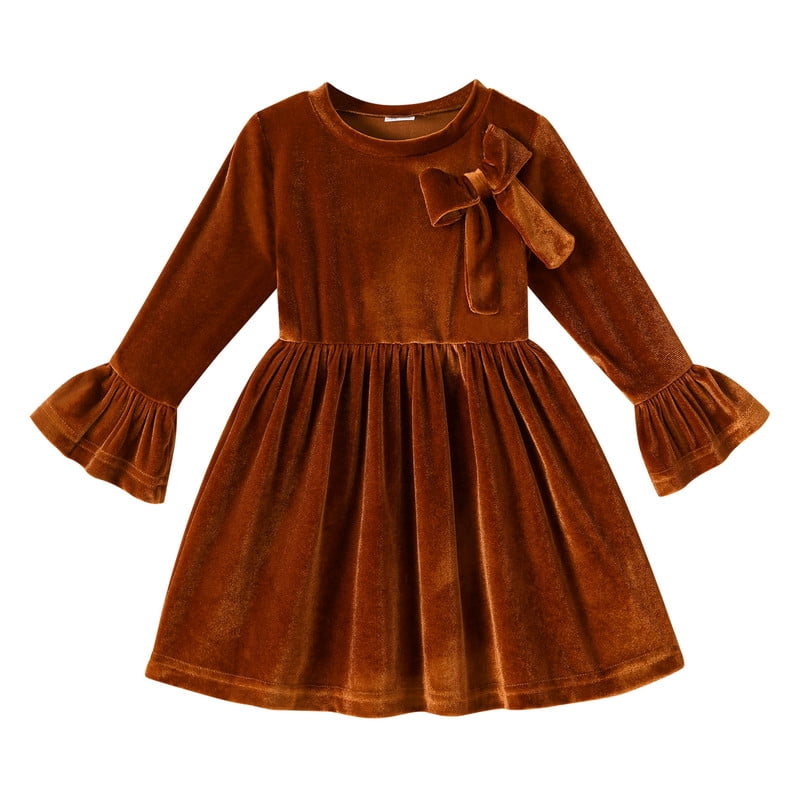Happy Town Toddler Girls Fall Winter A?Line Long Sleeve Dress Bow Ruffle Cuffs Party Dress for Little Kids