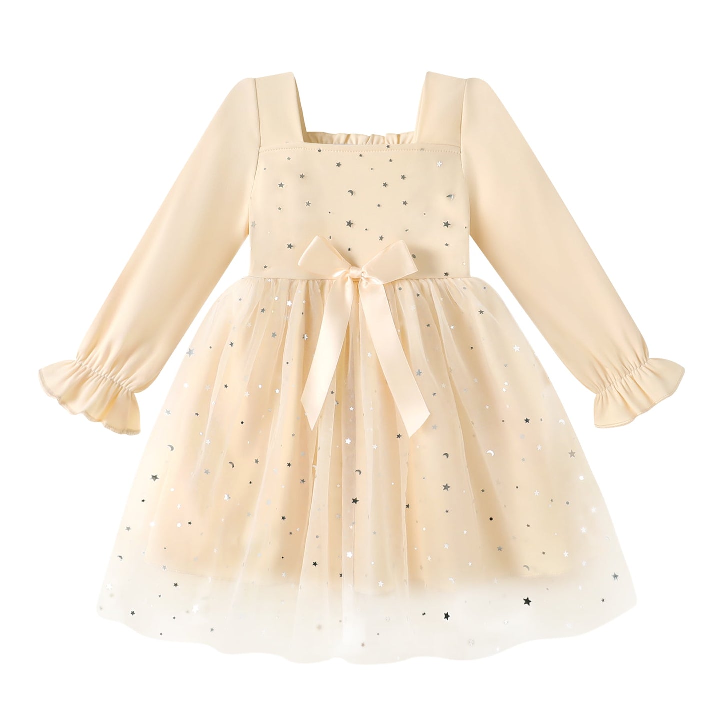 Younger Tree Baby Girl Tutu Dress Toddler Fall Long Sleeve Square Neck Bowknot Princess Birthday Party Dresses