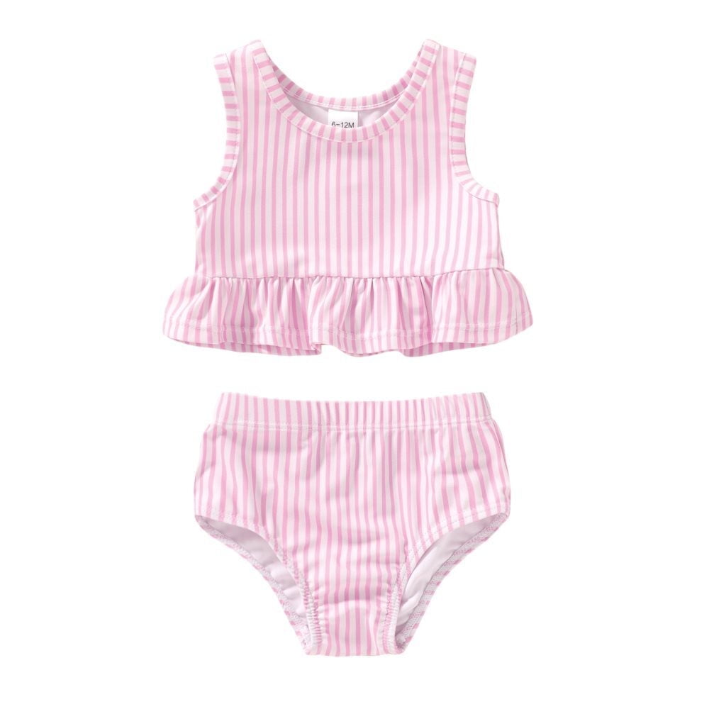 Younger Tree Toddler Baby Girls Summer Swimsuit Sleeveless Striped Swimwear Two-Piece Suit Beach Bikini