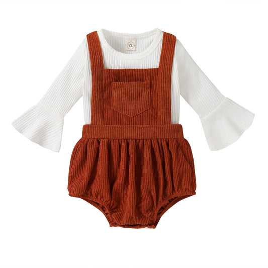 Younger Tree Newborn Baby Girl Clothes Bell Sleeve Romper and Corduroy Overalls Shorts Infant Girl Fall Outfits