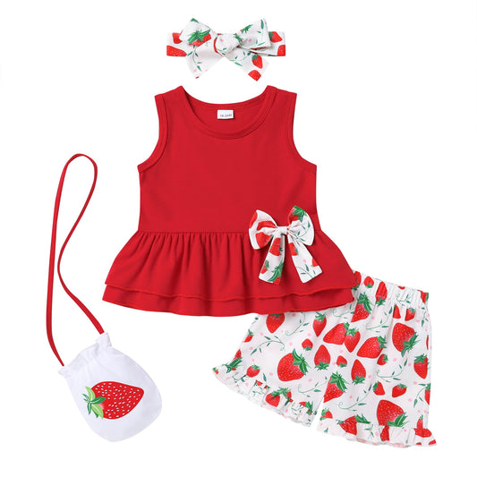 Younger Tree Baby Girl Outfits Summer Sleeveless Bow Vest Top Print Shorts Clothes Set with Bag and Headband12-18 Months