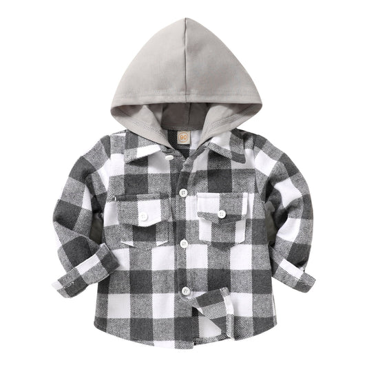 Younger Tree Kid Toddler Boy Flannel Shirt Baby Long Sleeve Hooded Plaid Button Shirt