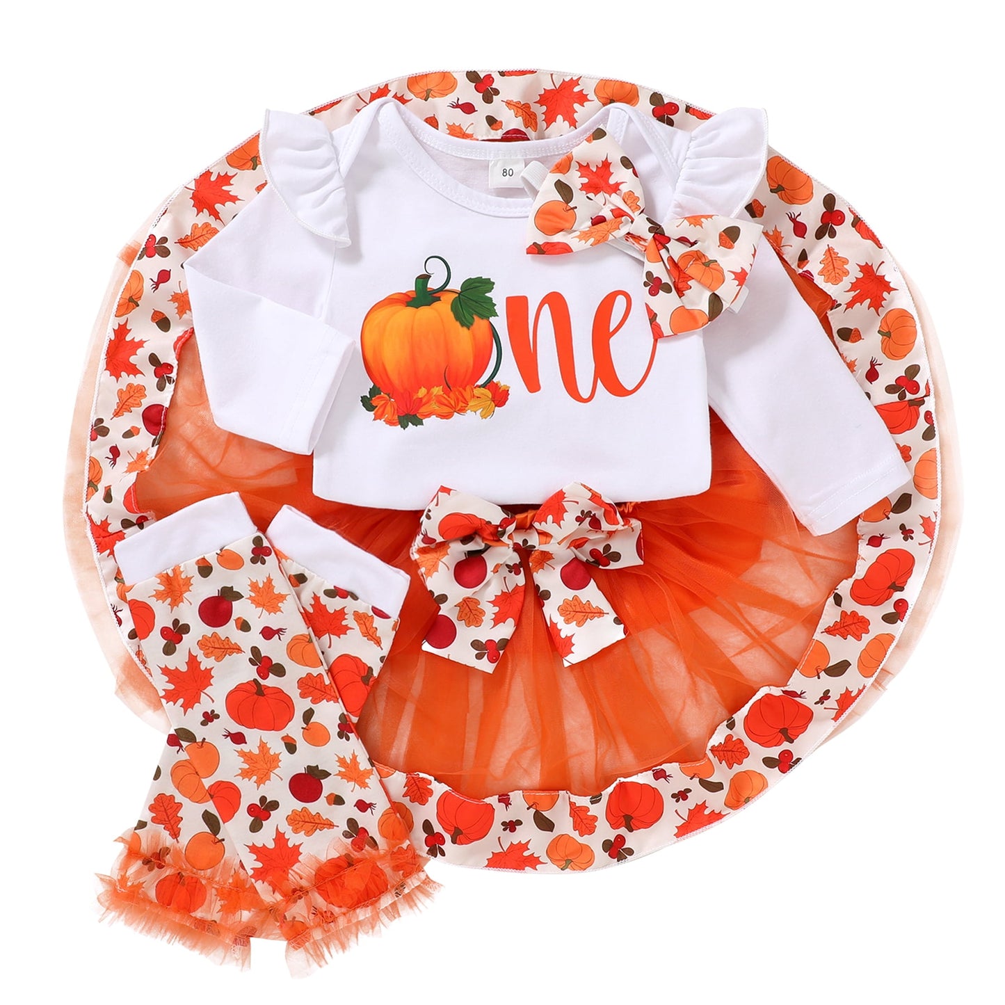 Happy Town Baby Girl Thanksgiving Outfits Pumpkin Long Sleeve Romper Tulle Tutu Skirt Headband Fall Halloween Set