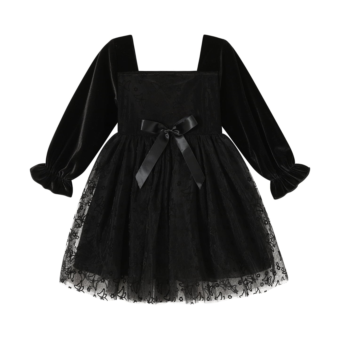 Younger Tree Baby Girl Tutu Dress Toddler Fall Long Sleeve Square Neck Bowknot Princess Birthday Party Dresses