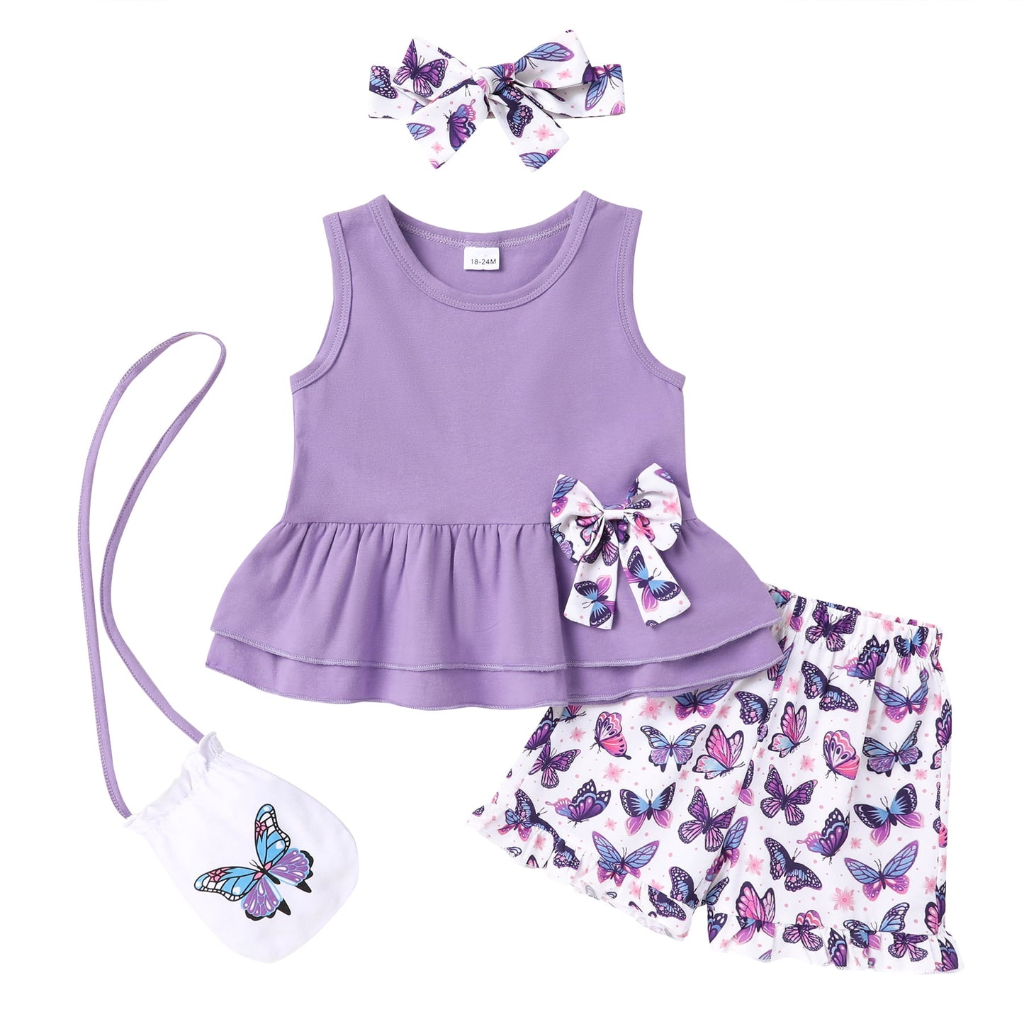 Younger Tree Baby Girl Outfits Summer Sleeveless Bow Vest Top Print Shorts Clothes Set with Bag and Headband12-18 Months