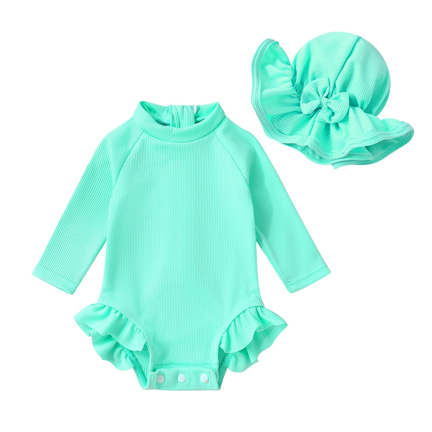 Happy Town Toddler Baby Girls Clothes 0-24M Summer Long Sleeve Zipper One-Piece Swimsuit + Hat Bathing Suit