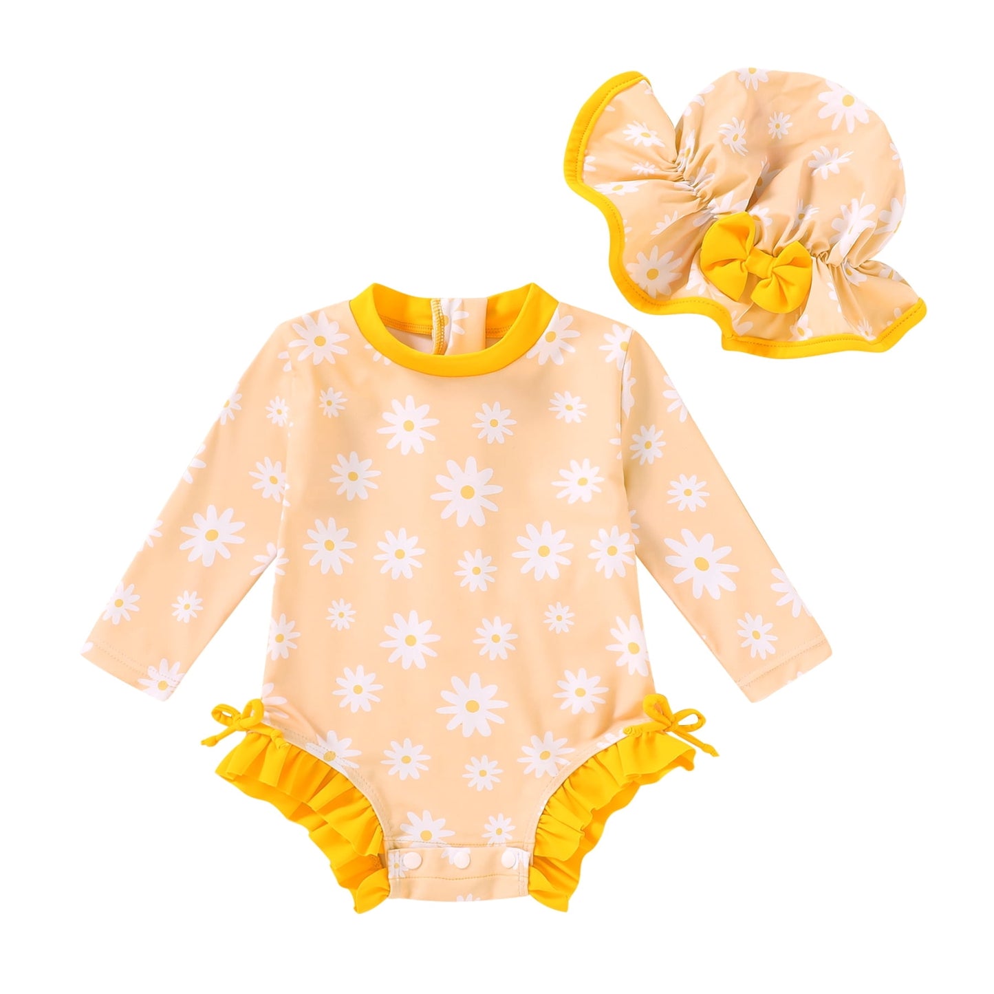 Tiny Cutey Toddler Girl Swimsuit Baby Long Sleeve One-Piece Rash Guard Bathing Suit with Hat