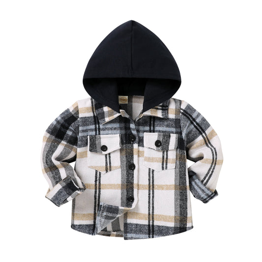 Younger Tree Kid Toddler Boy Flannel Shirt Baby Long Sleeve Hooded Plaid Button Shirt