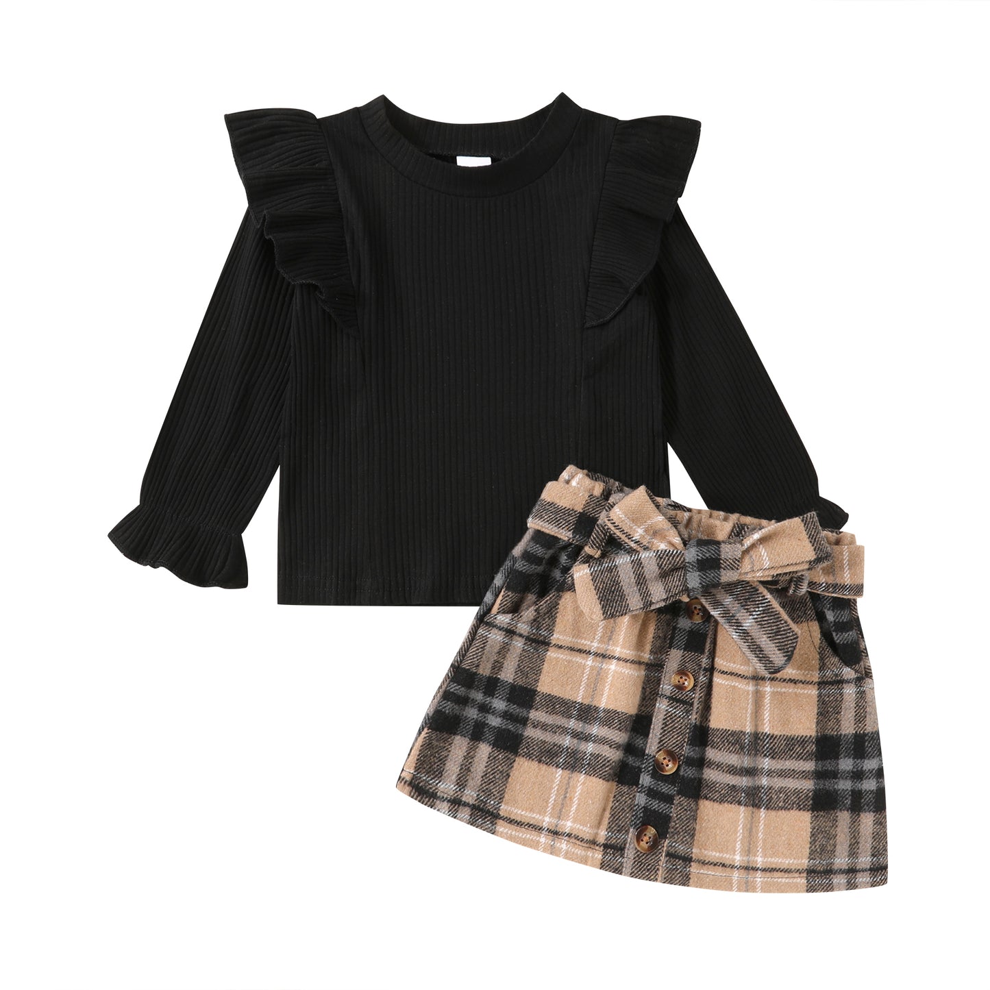 Happy Town Toddler Girl Fall Outfits Ruffle Top & Plaid Skirt with Hat 3-Piece Set,Size 12M-5T
