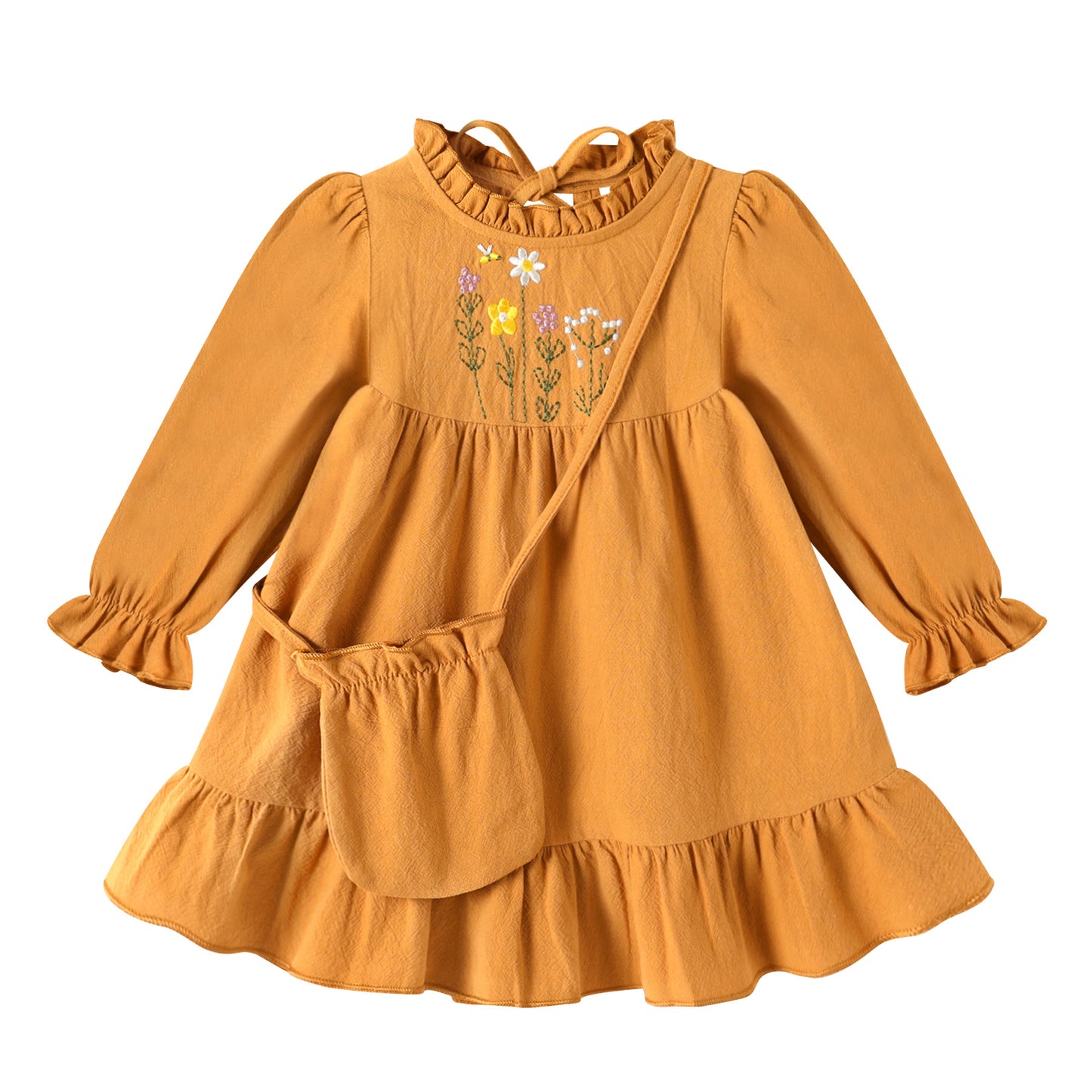Younger Tree Toddler Girls Dresses Kid Fall Winter Long Sleeve Crew Neck Dresss Clothes with Bag