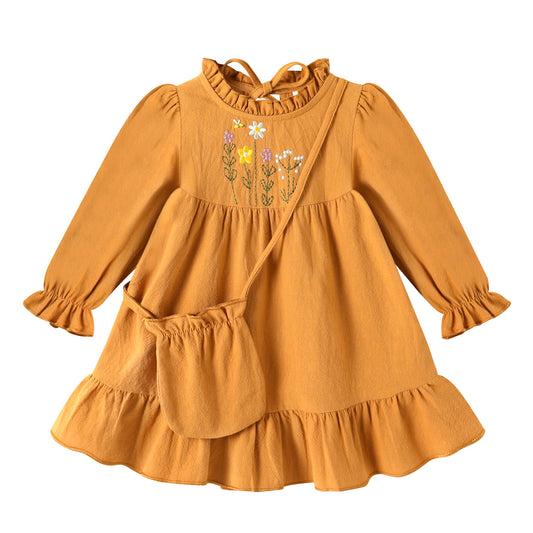 Younger Tree Toddler Girls Dresses Kid Fall Winter Long Sleeve Crew Neck Dresss Clothes with Bag