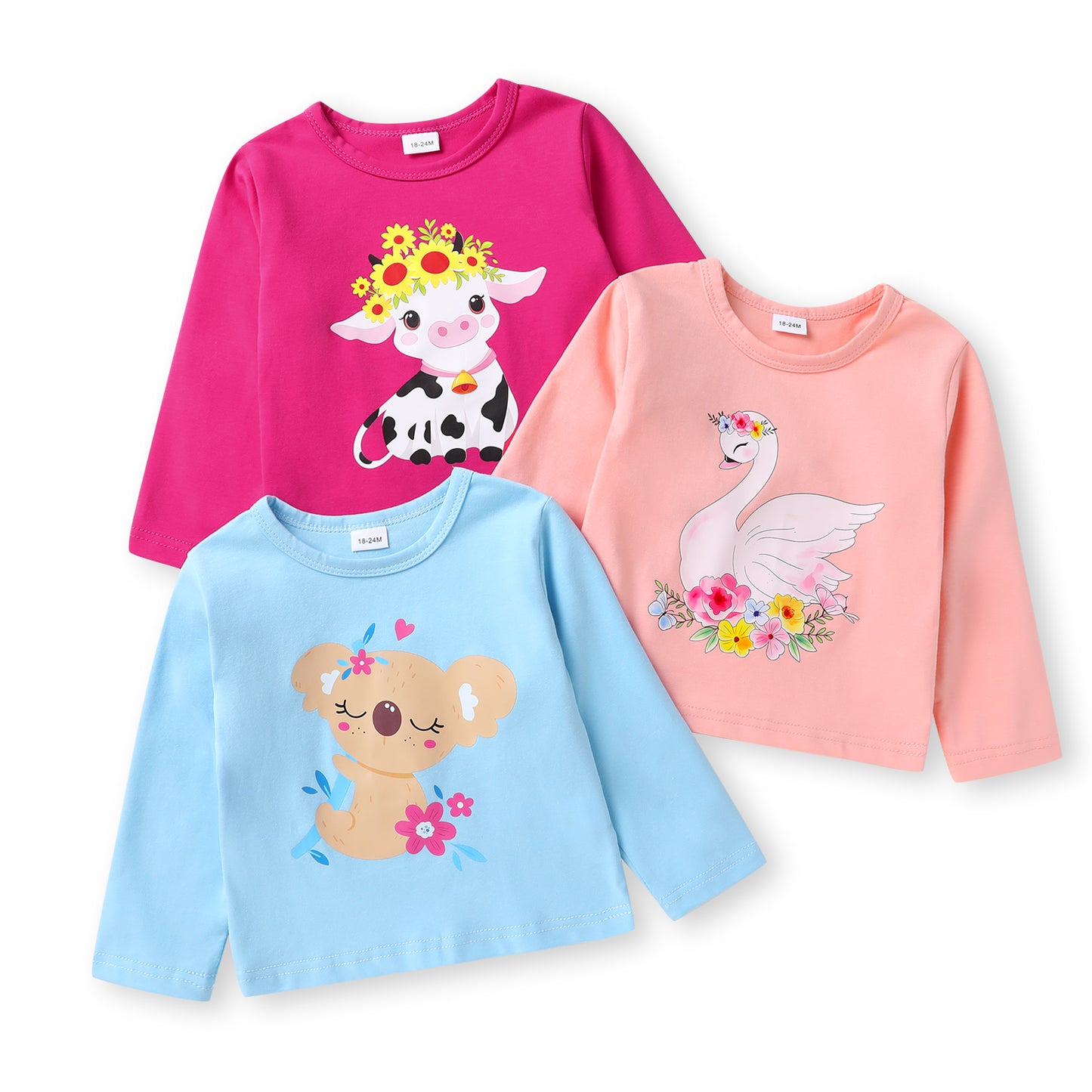 Younger Tree Baby Girl Long Sleeve Shirts Tops Cotton Casual Crewneck T-Shirts 3 Packs Sets