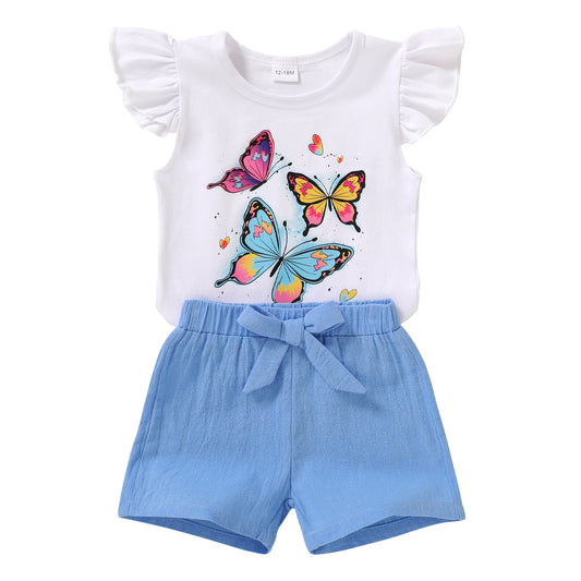 Happy Town Toddler Girls Clothes Summer Sleeveless Shirt and Shorts 2Pcs Outfit Sets,Sizes 9M-5Y