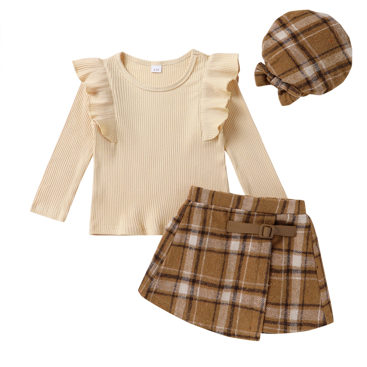 Happy Town Toddler Girl Fall Outfits Ruffle Top & Plaid Skirt with Hat 3-Piece Set,Size 12M-5T
