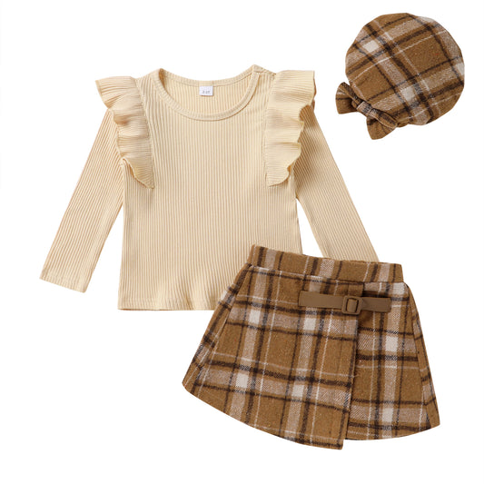 Happy Town Toddler Girl Fall Outfits Ruffle Top & Plaid Skirt with Hat 3-Piece Set,Size 12M-5T
