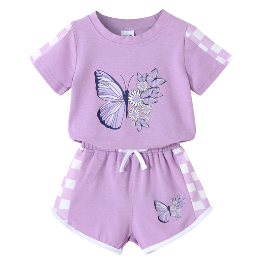 Happy Town Toddler Baby Girl Summer Outfits Butterfly Print Short Sleeve T-Shirt + Shorts Girls Two-Piece Clothes Set