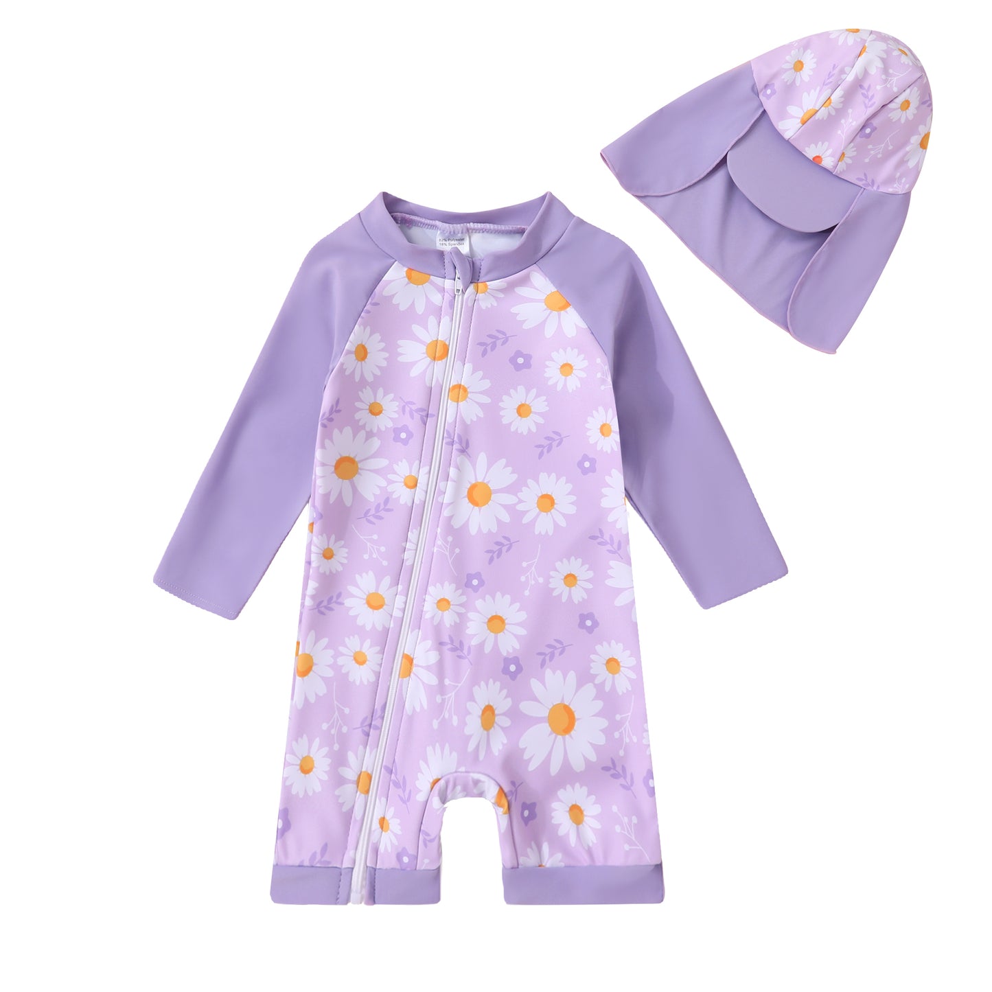 Happy Town Toddler Baby Girl Floral Swimsuit Long Sleeve One-Piece Rash Guard Bathing Suit with Hat
