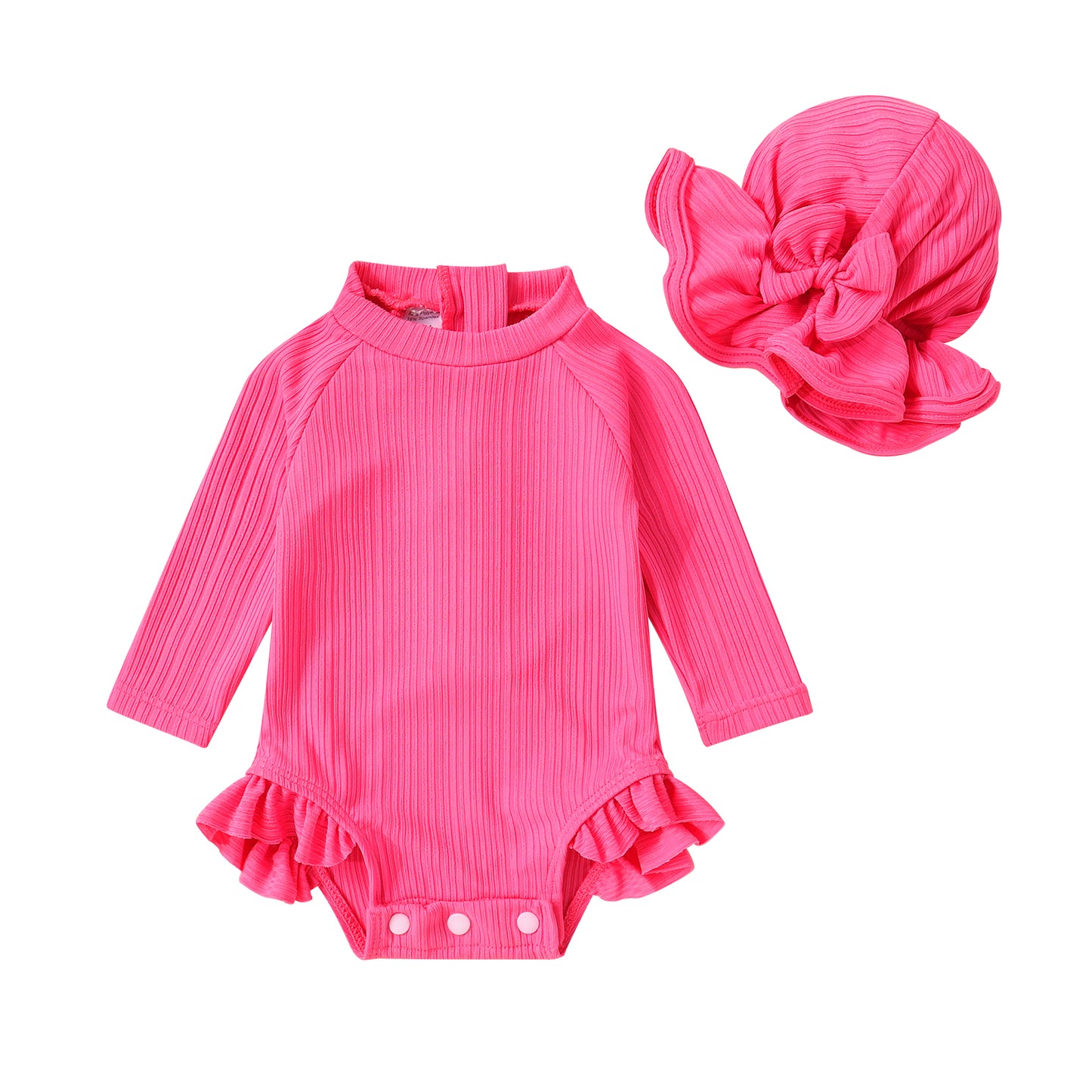 Happy Town Toddler Baby Girls Clothes 0-24M Summer Long Sleeve Zipper One-Piece Swimsuit + Hat Bathing Suit
